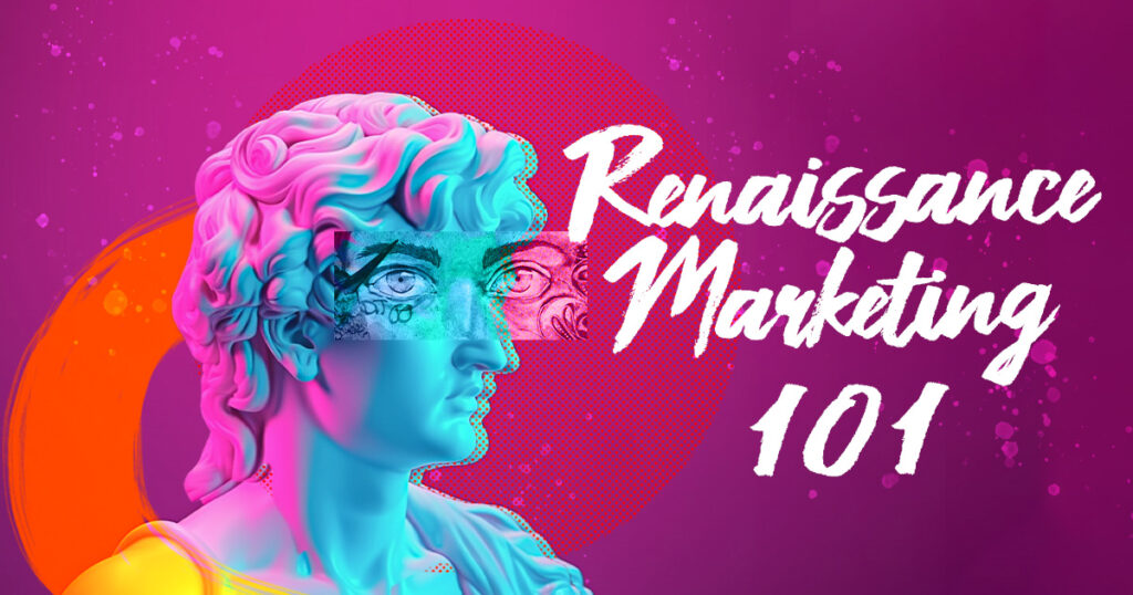 renaissance marketing title card with marble bust of persons face