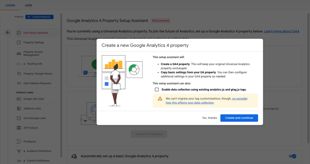 google analytics create a new GA4 property popup
