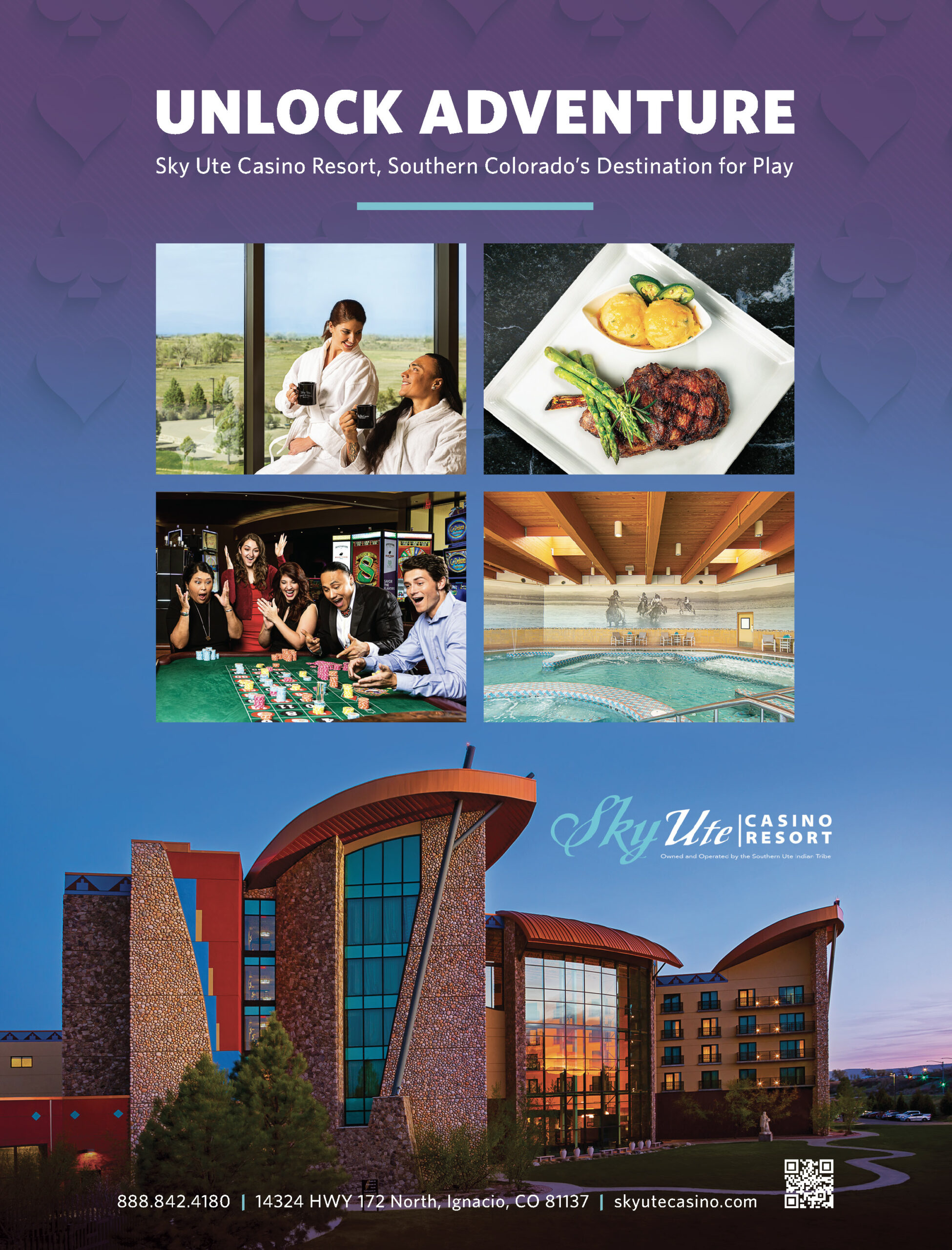 flyer for sky ute casino and resort displaying amenities like hotel, casino, pool and steak house