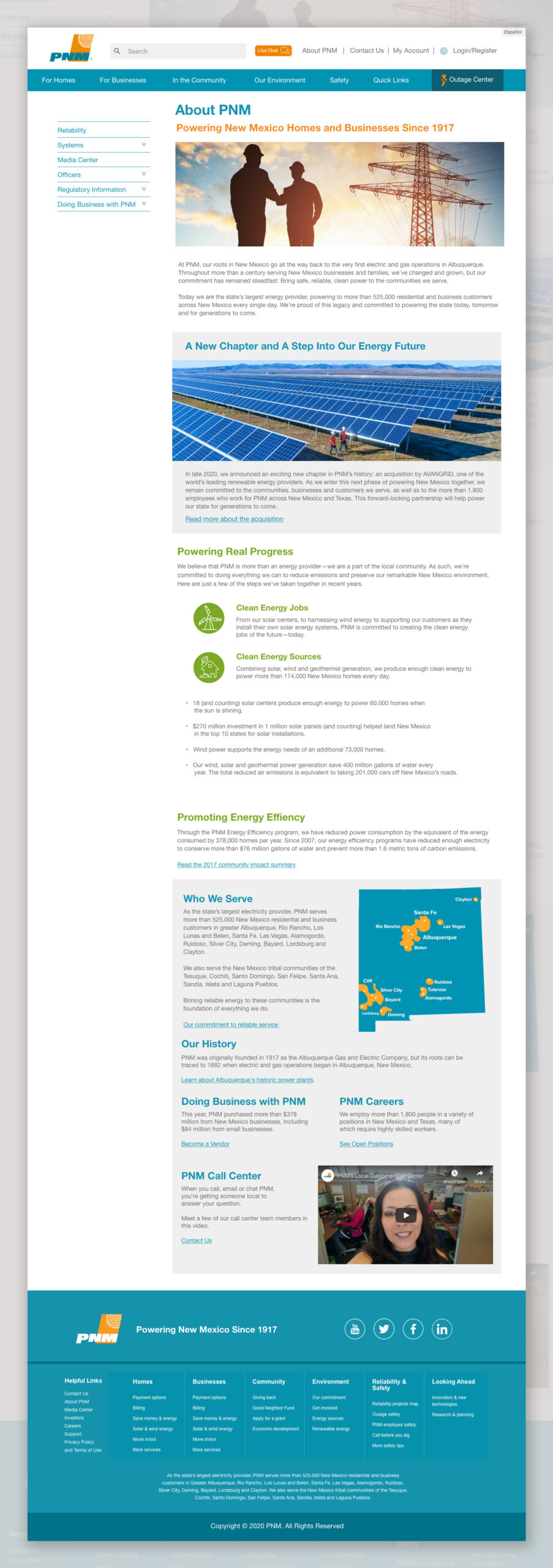 layout of PNM's website about us design