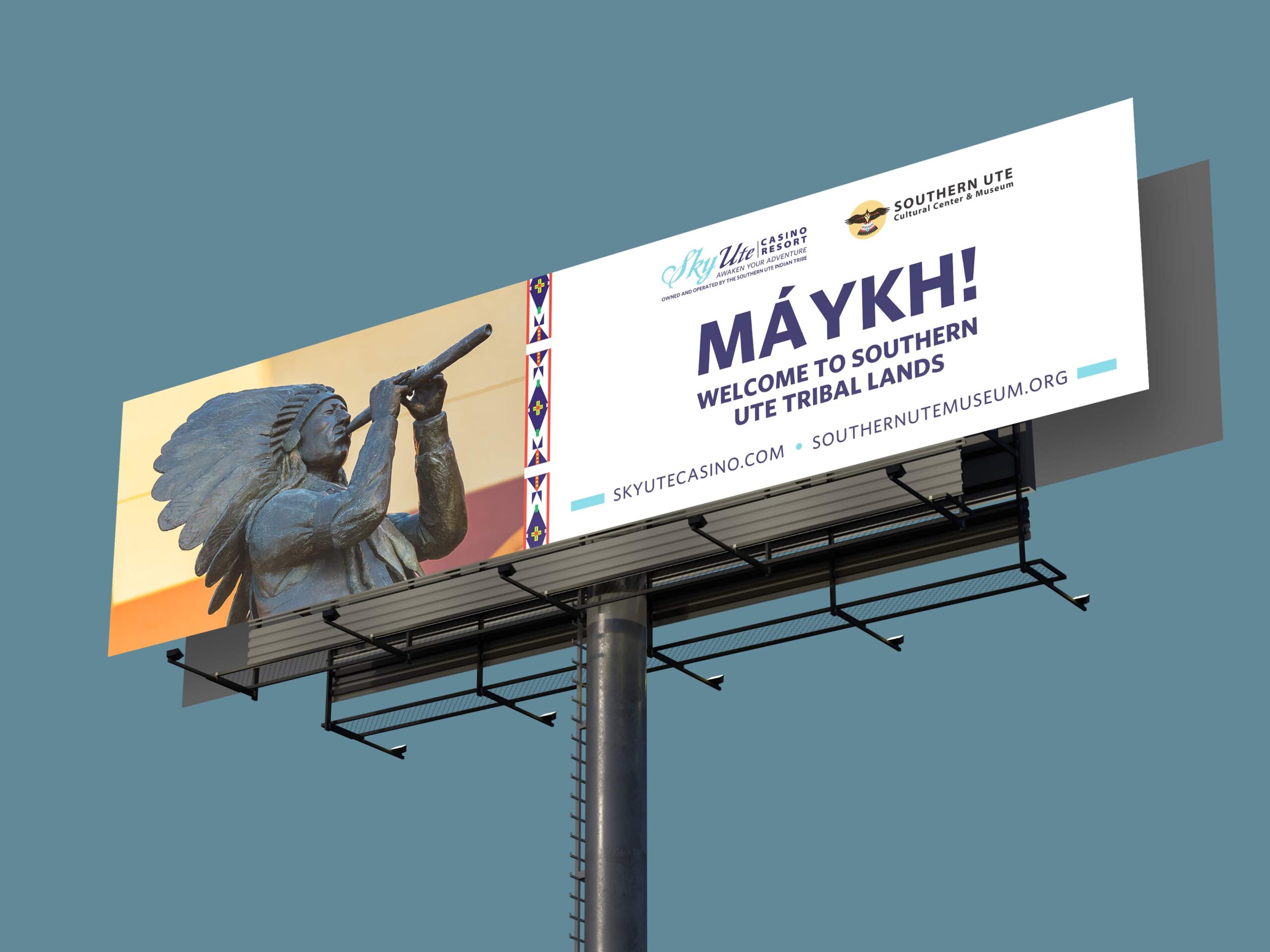 billboard mockup for sky ute casino with statue of native american playing a flute