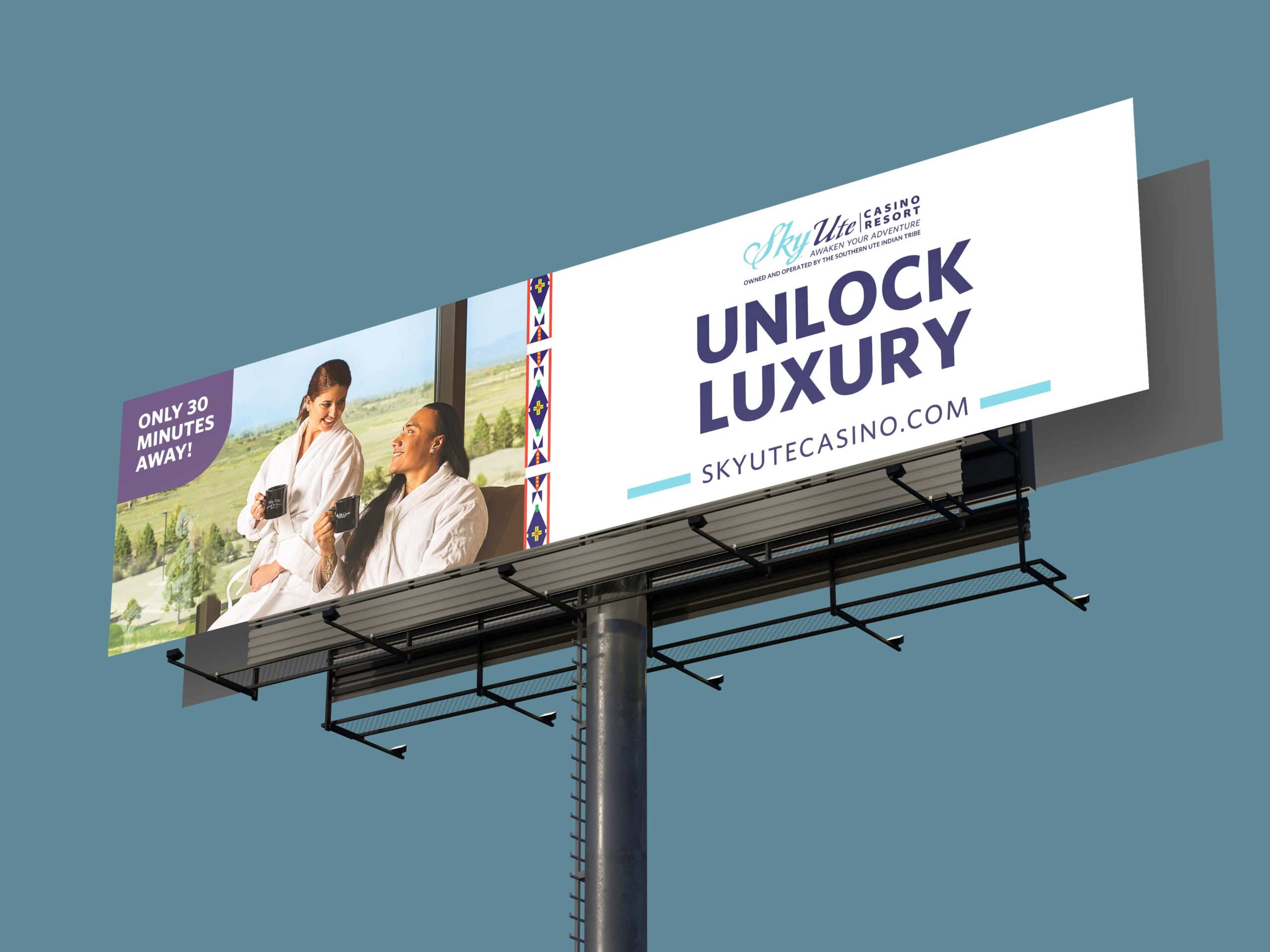 billboard mockup for sky ute casino with two people in robes on it