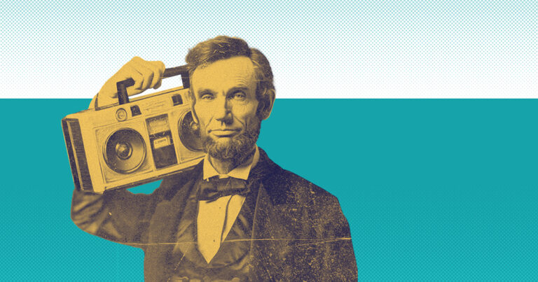 Abraham Lincoln holding a boombox highlighting how easy it is in today's society to spread misinformation