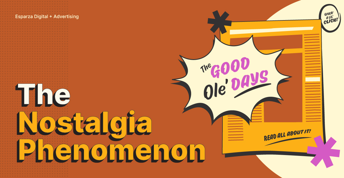 An article thumbnail text "The Nostalgia Phenomenon" and "The Good Ole' Days." The design features bright colors, cartoonish elements