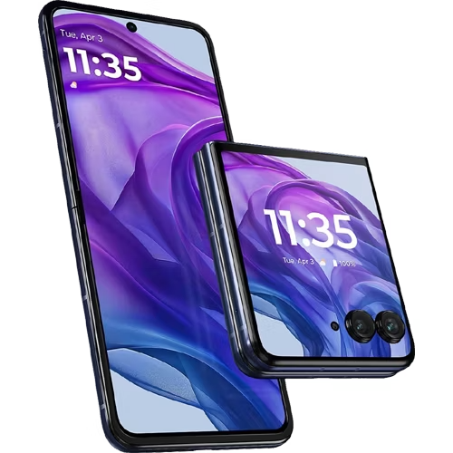 Two modern smartphones are displayed: one unfolded showing a large screen, and the other folded showing a smaller external screen with dual cameras. Both screens display the time "11:35" and date "Tue, Apr 3.