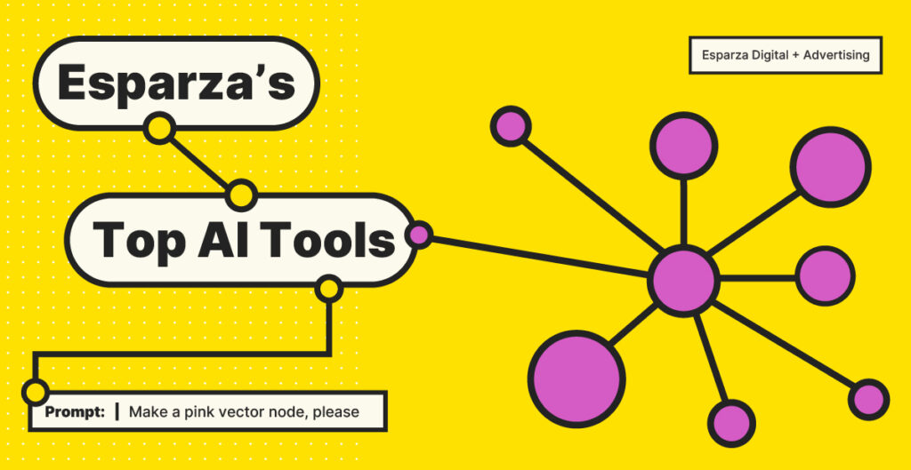 A yellow background with black and purple circles and white text. Thumbnail image for Esparza's Top AI Tools blog