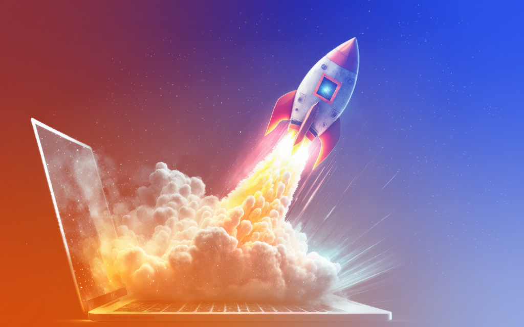 rocket ship blasting off out of a laptop computer