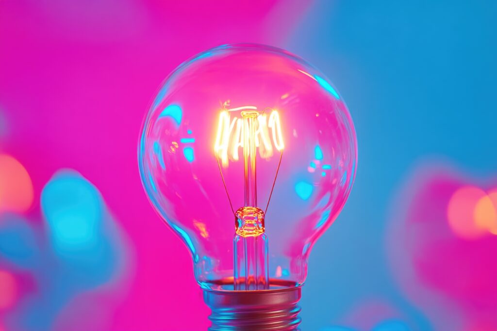 A glowing light bulb set against a bright, multicolored backdrop, highlighting its features and the surrounding colors.