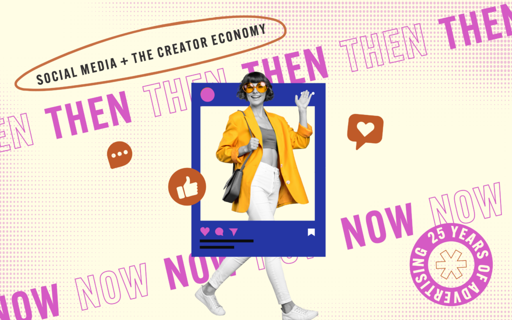 Collage of a woman in trendy clothes, with oversized sunglasses, in a social media-like frame. Text reads "Social Media + The Creator Economy," with vibrant "Then" and "Now" repeated. Emoticons of social media interactions float around